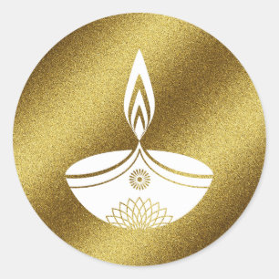 White Diwali Lamp on Golden Glitter Background Classic Round Sticker