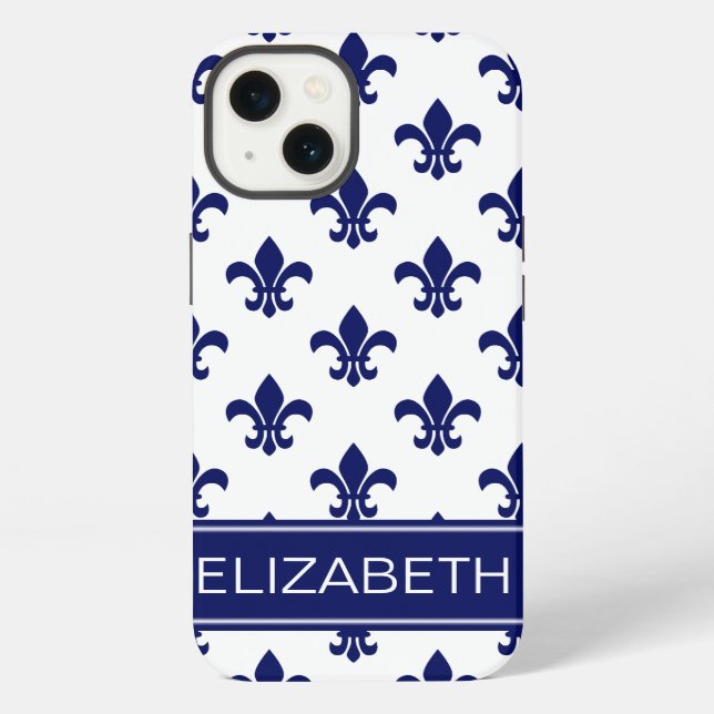 White / DIY Navy Fleur de Lis Navy Name Monogram iPhone Case (Back)