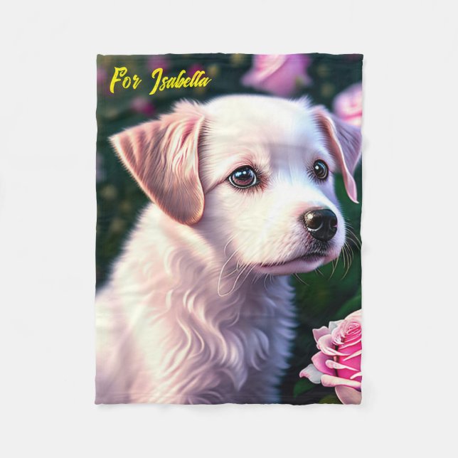 White Dog And Rose Collection Fleece Blanket (Front)