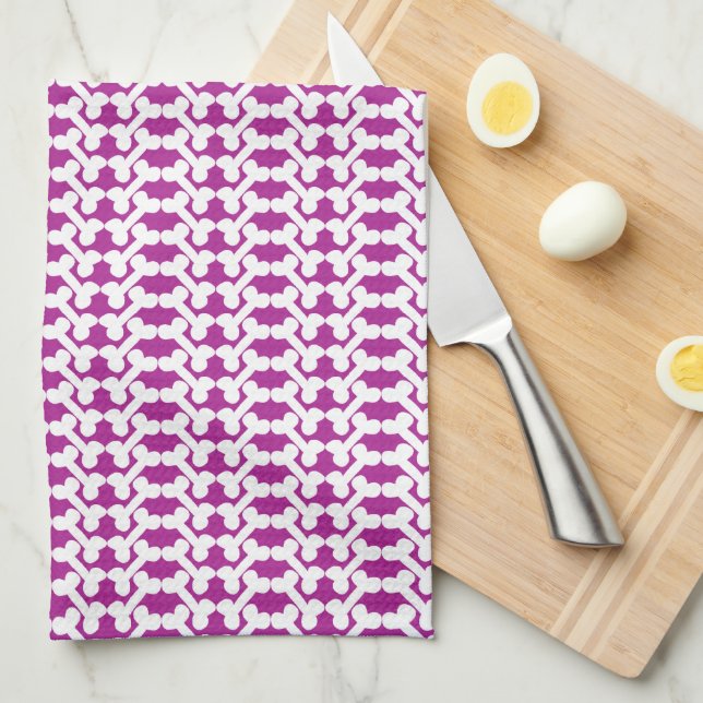 White Dog Bone Herringbone Pattern Dark Magenta Tea Towel (Quarter Fold)