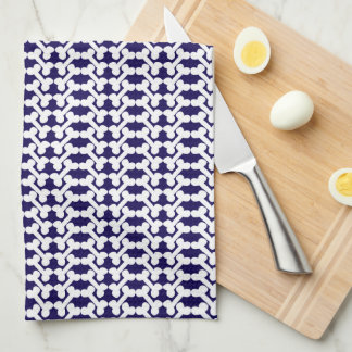 White Dog Bone Herringbone Pattern Navy Blue Tea Towel