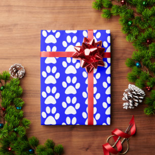 White Dog/Cat/Animal Paw Prints on Blue Wrapping Paper