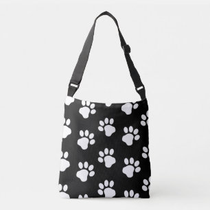 White Dog Cat Paw Prints on Black Crossbody Bag