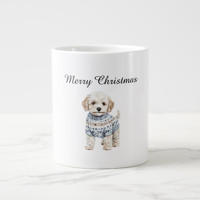 White Dog in Blue Sweater Christmas Large Coffee Mug (Front)