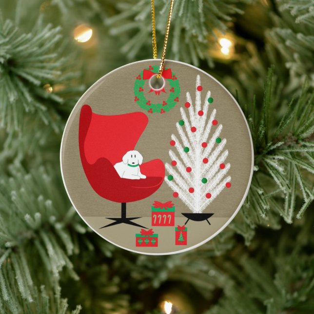 White Dog in Mid Century Christmas Room Ceramic Tree Decoration (Tree)