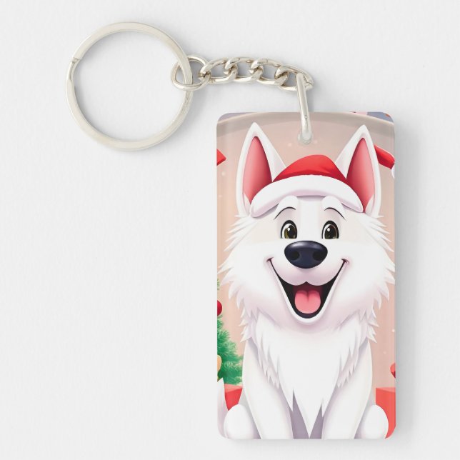 White Dog in Santa Hat Key Ring (Front)