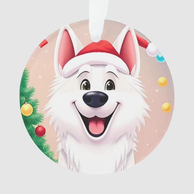White Dog in Santa Hat Ornament (Front)