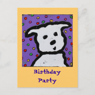white dog on dots postcard birthday invite