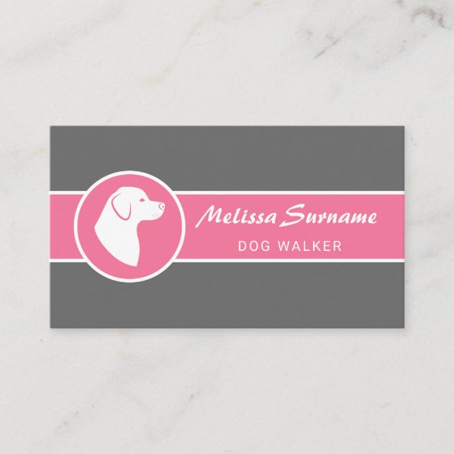 White Dog On Pink & Grey Dog Walker Pet Sitter Business Card (Front)
