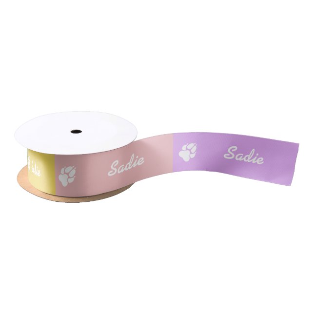 White Dog Paw And Name On Colourful Pastel Colours Satin Ribbon (Spool)