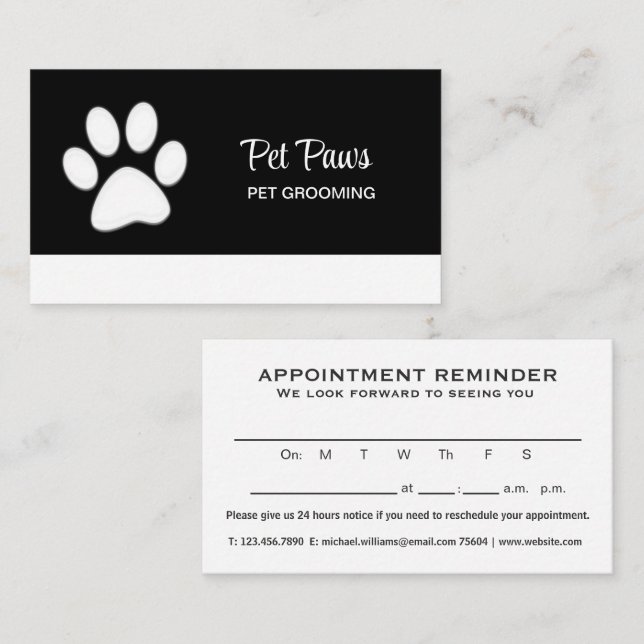  White Dog Paw on black Pet Grooming Service  Appointment Card (Front/Back)