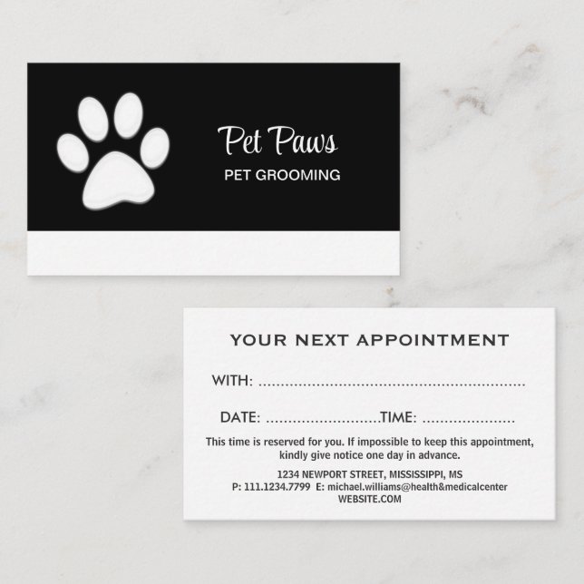  White Dog Paw on black Pet Grooming Service  Appointment Card (Front/Back)