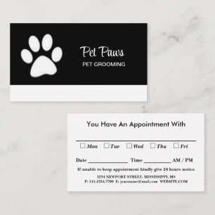  White Dog Paw on black Pet Grooming Service  Appointment Card