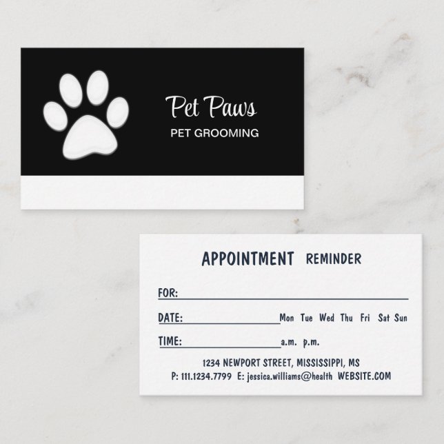  White Dog Paw on black Pet Grooming Service  Appointment Card (Front/Back)