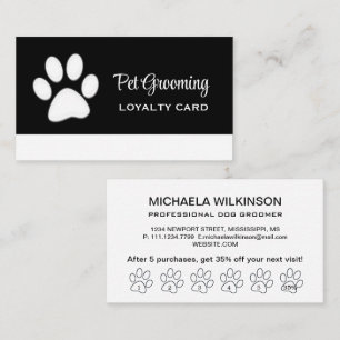  White Dog Paw on black Pet Grooming Service  Loyalty Card