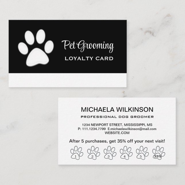  White Dog Paw on black Pet Grooming Service  Loyalty Card (Front/Back)