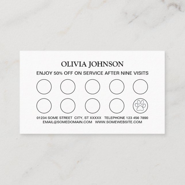  White Dog Paw on black Pet Grooming Service  Loyalty Card (Back)