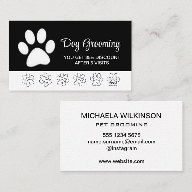  White Dog Paw on black Pet Grooming Service  Loyalty Card (Front/Back)