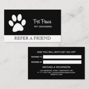  White Dog Paw on black Pet Grooming Service  Referral Card