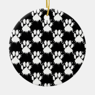 White Dog Paw Pattern With Paint Splatter Ceramic Tree Decoration