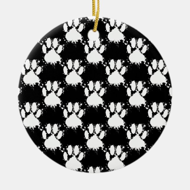 White Dog Paw Pattern With Paint Splatter Ceramic Tree Decoration (Front)