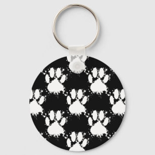 White Dog Paw Pattern With Paint Splatter Key Ring