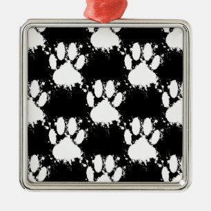 White Dog Paw Pattern With Paint Splatter Metal Tree Decoration