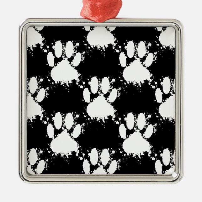 White Dog Paw Pattern With Paint Splatter Metal Tree Decoration (Front)