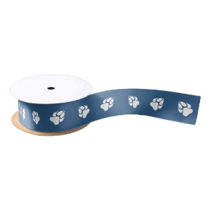 White Dog Paw Prints On A Blue Background Colour Satin Ribbon
