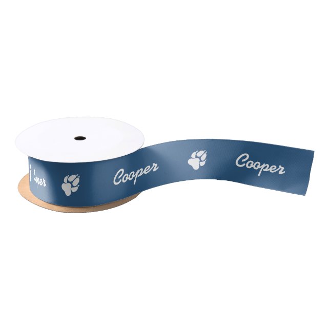 White Dog Paw Prints On Blue With Custom Name Satin Ribbon (Spool)