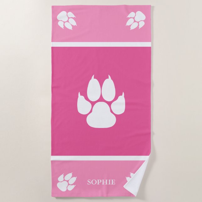 White Dog Paws On Pink With Custom Name Beach Towel (Front)