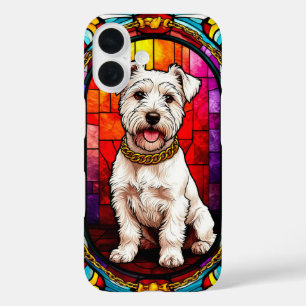 White Dog Portrait in Stained Glass Artwork iPhone 16 Case
