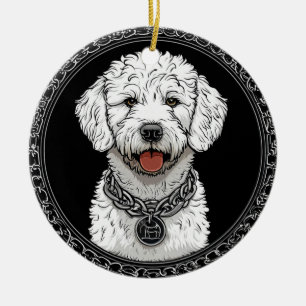 White Dog Portrait with Chain Collar Ceramic Tree Decoration