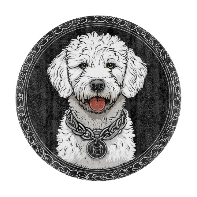 White Dog Portrait with Chain Collar Cutting Board (Front)