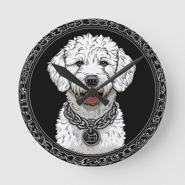 White Dog Portrait with Chain Collar Round Clock (Front)