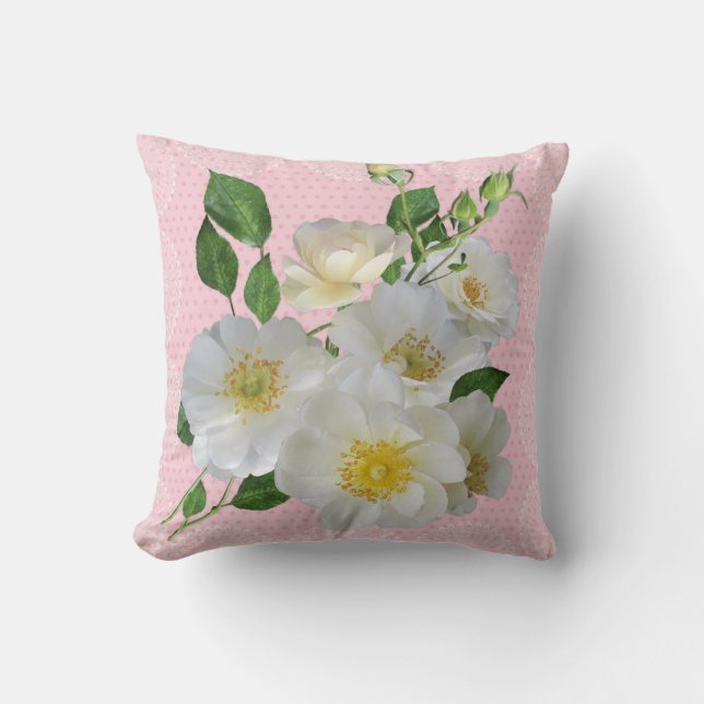 White dog roses floral pillow (Front)