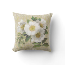 White dog roses & lace floral vintage pillow