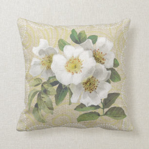 White dog roses & lace floral vintage pillow