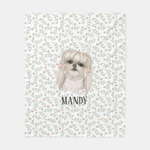 White Dog with Pretty Pink Floral Cute Design Fleece Blanket