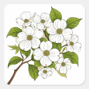 White Dogwood Blossom Cluster on Branch Square Sticker