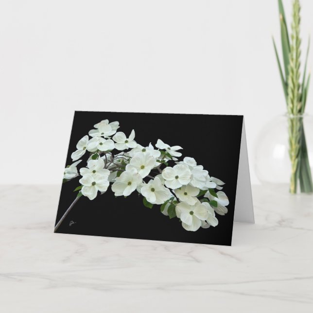 White Dogwood Floral on Black All Occasion Blank Card (Front)