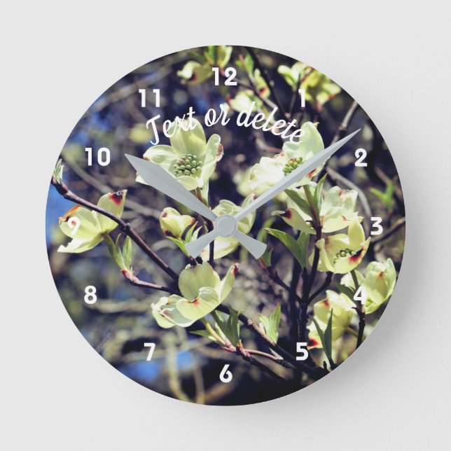 White Dogwood Flower Blossoms Personalized Round Clock (Front)