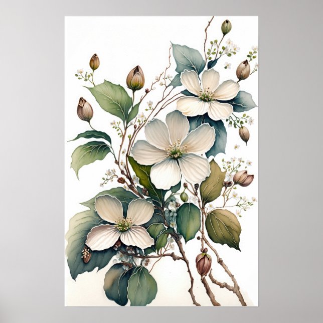 White Dogwood Flowers Art Print Poster (Front)