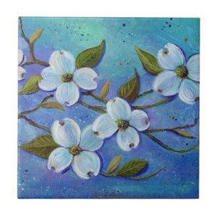 White dogwood flowers ceramic tile by Renee