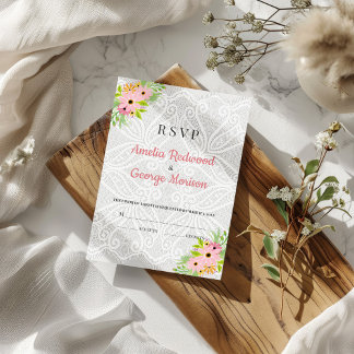 White Doily And Flowers RSVP Card