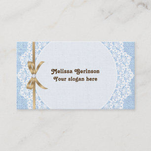 White doily with lace and blue burlap business card