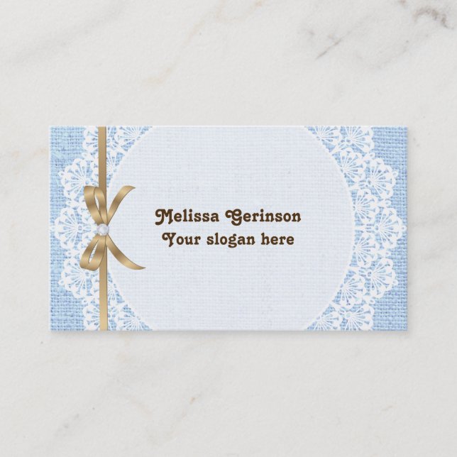 White doily with lace and blue burlap business card (Front)