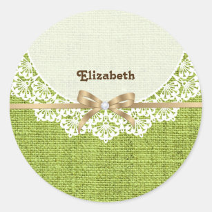 White doily with lace and lime green coloured classic round sticker