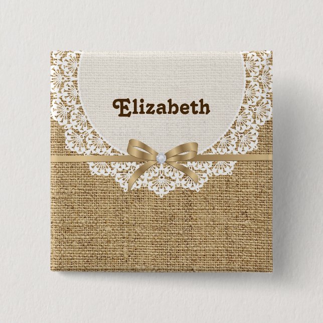 White doily with lace and linen natural burlap 15 cm square badge (Front)