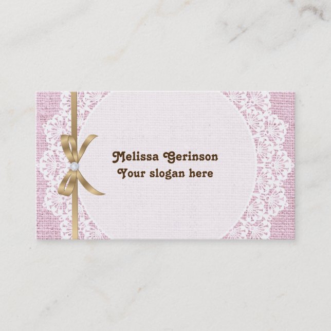 White doily with lace and pink burlap business card (Front)